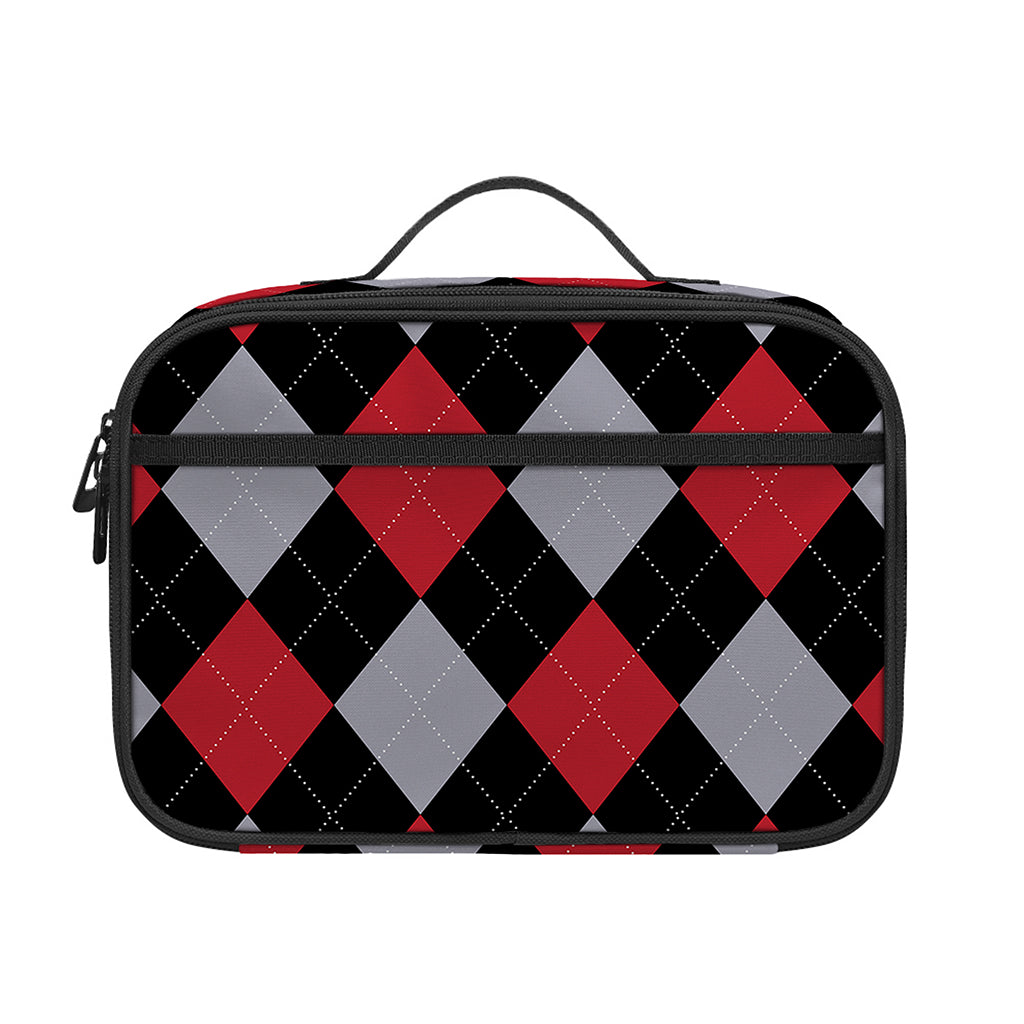 Black Red And Grey Argyle Pattern Print Portable Lunch Bag