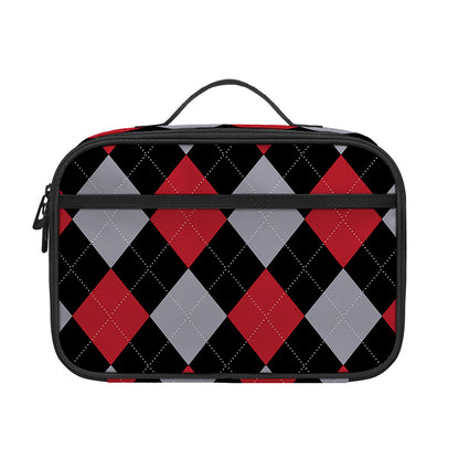 Black Red And Grey Argyle Pattern Print Portable Lunch Bag