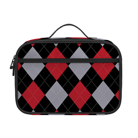 Black Red And Grey Argyle Pattern Print Portable Lunch Bag