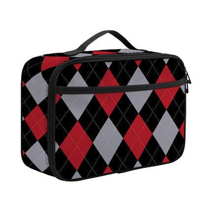 Black Red And Grey Argyle Pattern Print Portable Lunch Bag