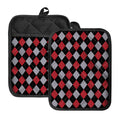 Black Red And Grey Argyle Pattern Print Pot Holders With Pocket