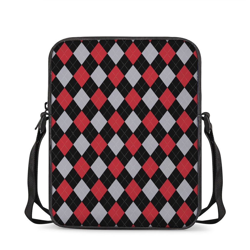 Black Red And Grey Argyle Pattern Print Rectangular Crossbody Bag