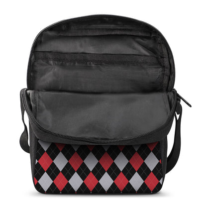 Black Red And Grey Argyle Pattern Print Rectangular Crossbody Bag