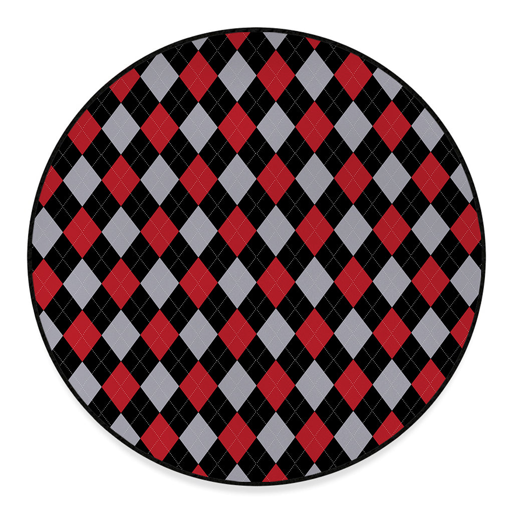 Black Red And Grey Argyle Pattern Print Round Floor Mat
