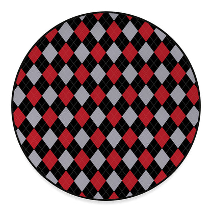 Black Red And Grey Argyle Pattern Print Round Floor Mat