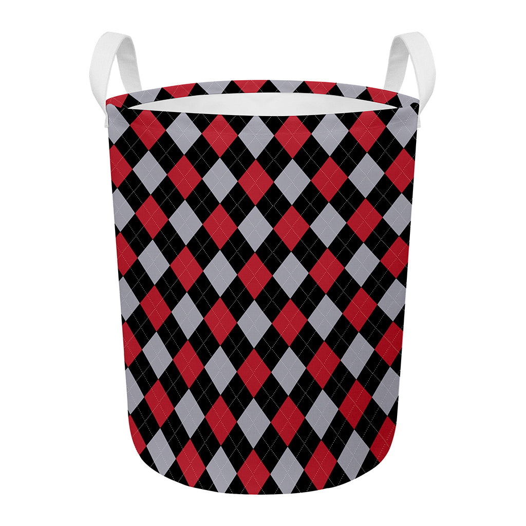 Black Red And Grey Argyle Pattern Print Round Laundry Basket