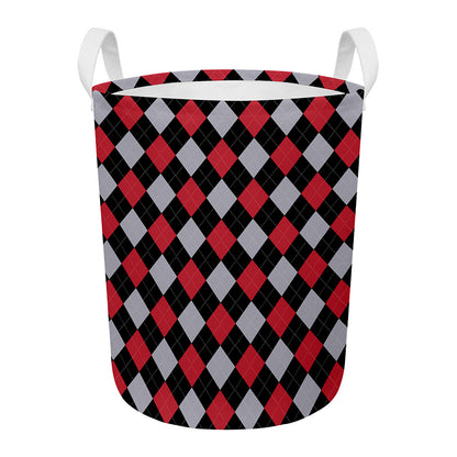 Black Red And Grey Argyle Pattern Print Round Laundry Basket