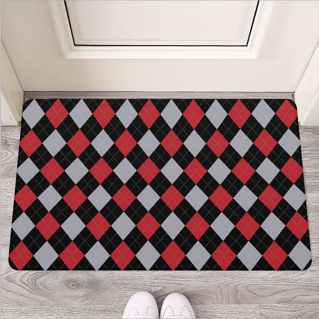 Black Red And Grey Argyle Pattern Print Rubber Doormat