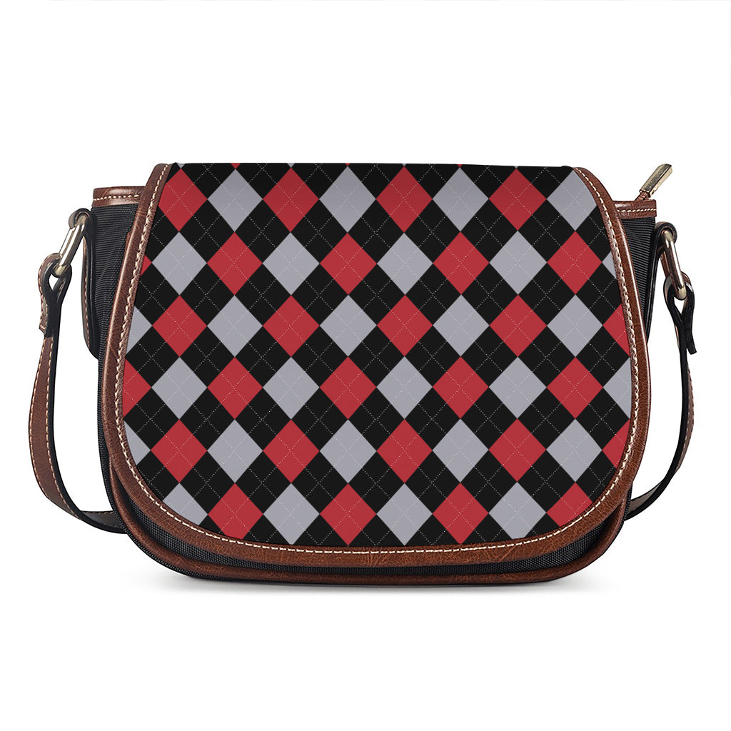 Black Red And Grey Argyle Pattern Print Saddle Bag