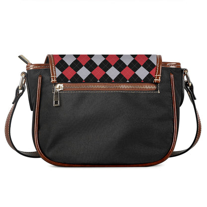 Black Red And Grey Argyle Pattern Print Saddle Bag