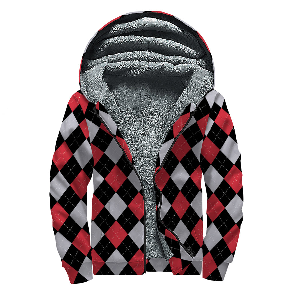 Black Red And Grey Argyle Pattern Print Sherpa Lined Zip Up Hoodie