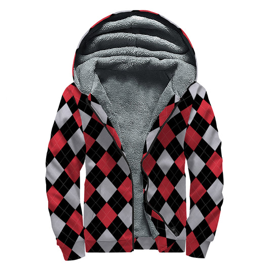 Black Red And Grey Argyle Pattern Print Sherpa Lined Zip Up Hoodie