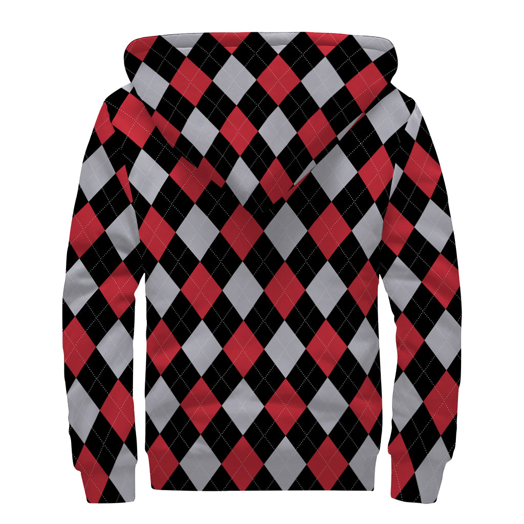 Black Red And Grey Argyle Pattern Print Sherpa Lined Zip Up Hoodie