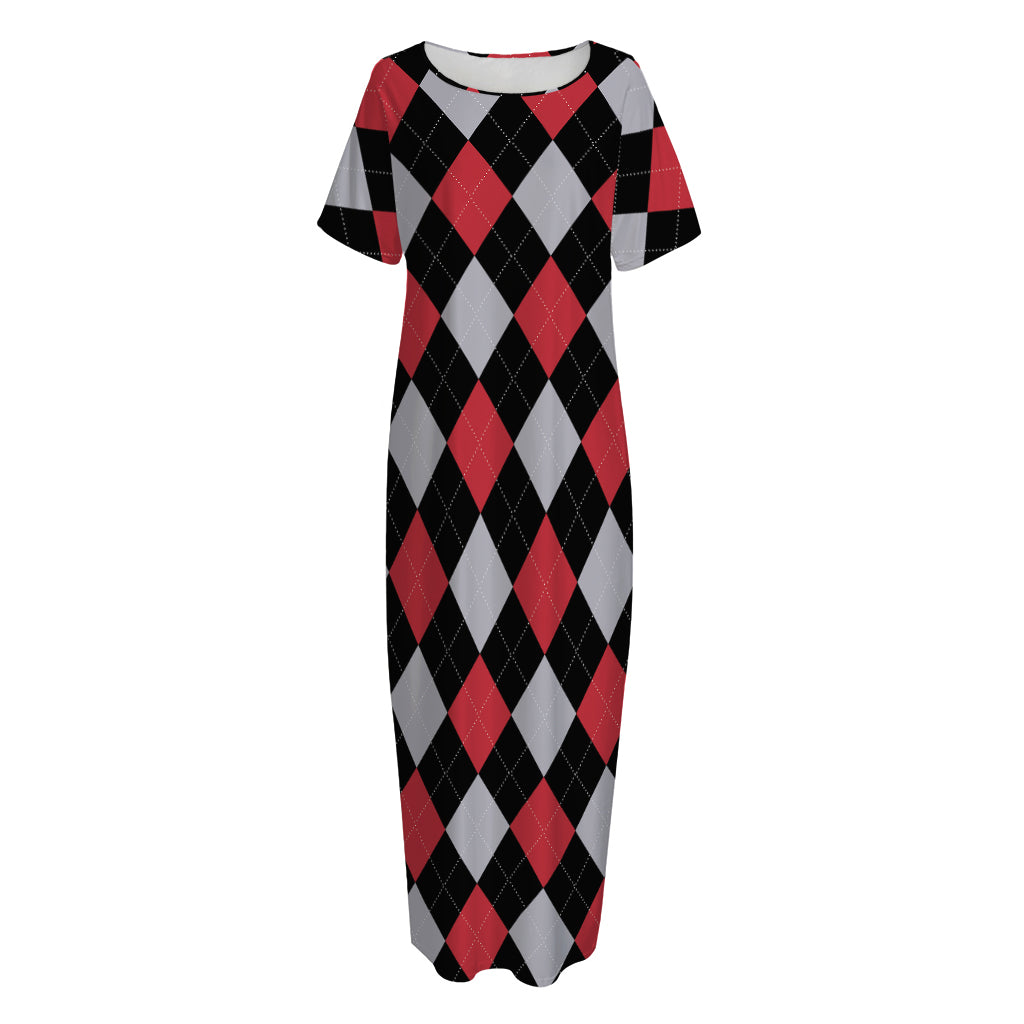 Black Red And Grey Argyle Pattern Print Short Sleeve Long Nightdress