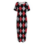 Black Red And Grey Argyle Pattern Print Short Sleeve Long Nightdress