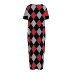 Black Red And Grey Argyle Pattern Print Short Sleeve Long Nightdress