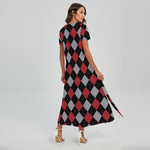 Black Red And Grey Argyle Pattern Print Short Sleeve Maxi Dress