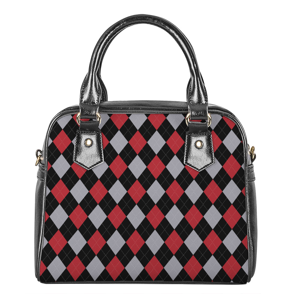 Black Red And Grey Argyle Pattern Print Shoulder Handbag