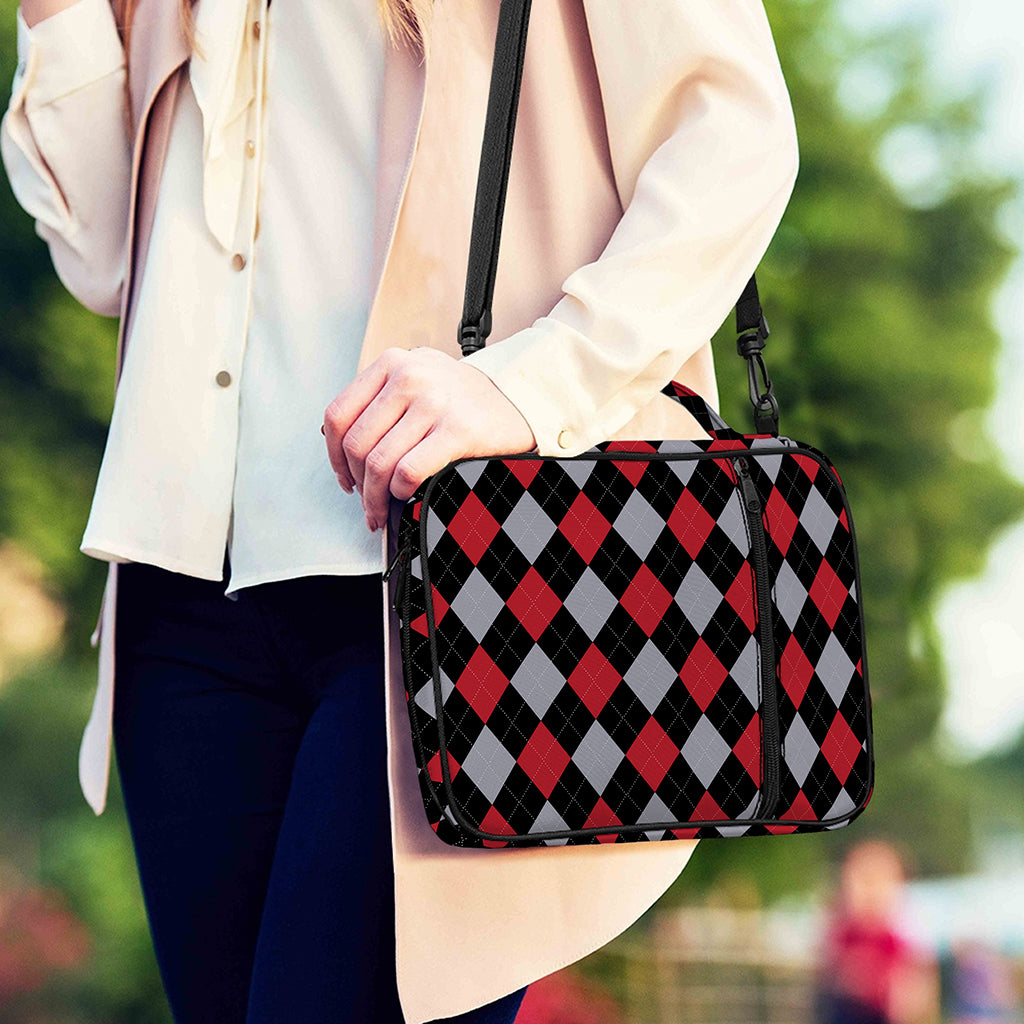 Black Red And Grey Argyle Pattern Print Shoulder Strap Bible Bag