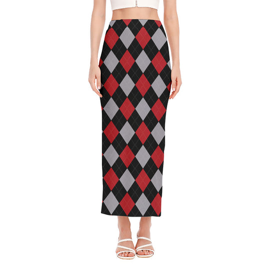 Black Red And Grey Argyle Pattern Print Side Slit Maxi Skirt