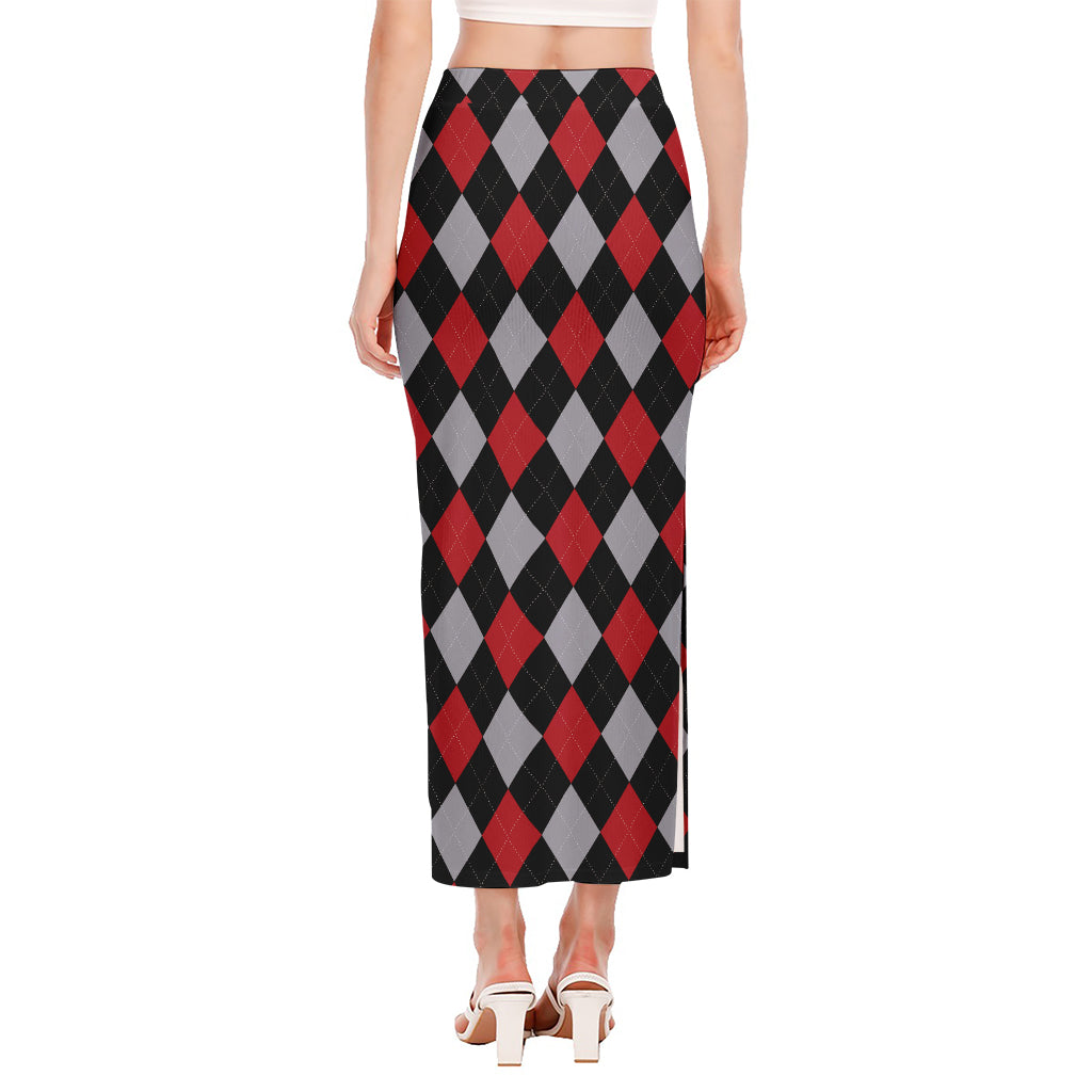 Black Red And Grey Argyle Pattern Print Side Slit Maxi Skirt