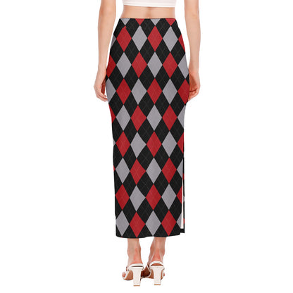 Black Red And Grey Argyle Pattern Print Side Slit Maxi Skirt