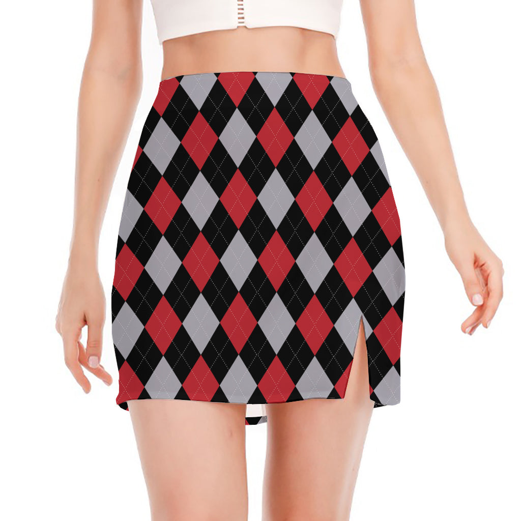 Black Red And Grey Argyle Pattern Print Side Slit Mini Skirt