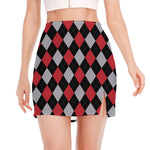 Black Red And Grey Argyle Pattern Print Side Slit Mini Skirt