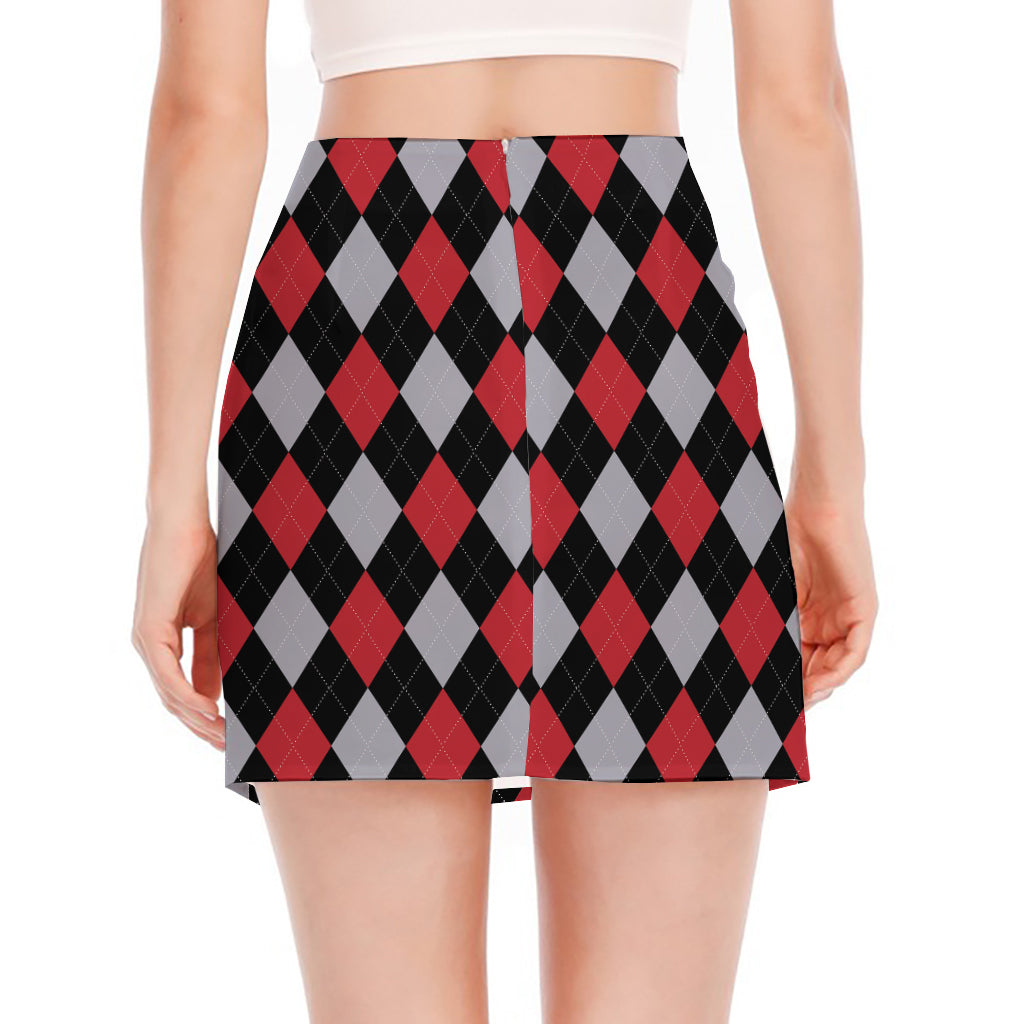 Black Red And Grey Argyle Pattern Print Side Slit Mini Skirt