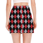 Black Red And Grey Argyle Pattern Print Side Slit Mini Skirt