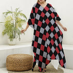 Black Red And Grey Argyle Pattern Print Silk V-Neck Kaftan Dress