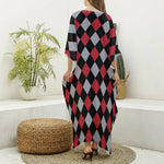 Black Red And Grey Argyle Pattern Print Silk V-Neck Kaftan Dress