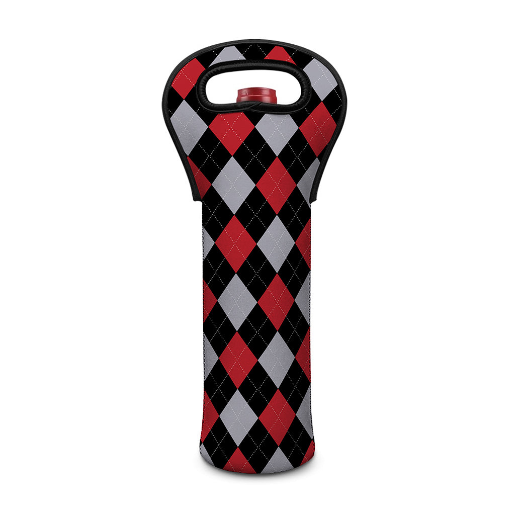 Black Red And Grey Argyle Pattern Print Single Neoprene Wine Tote