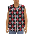 Black Red And Grey Argyle Pattern Print Sleeveless Baseball Jersey