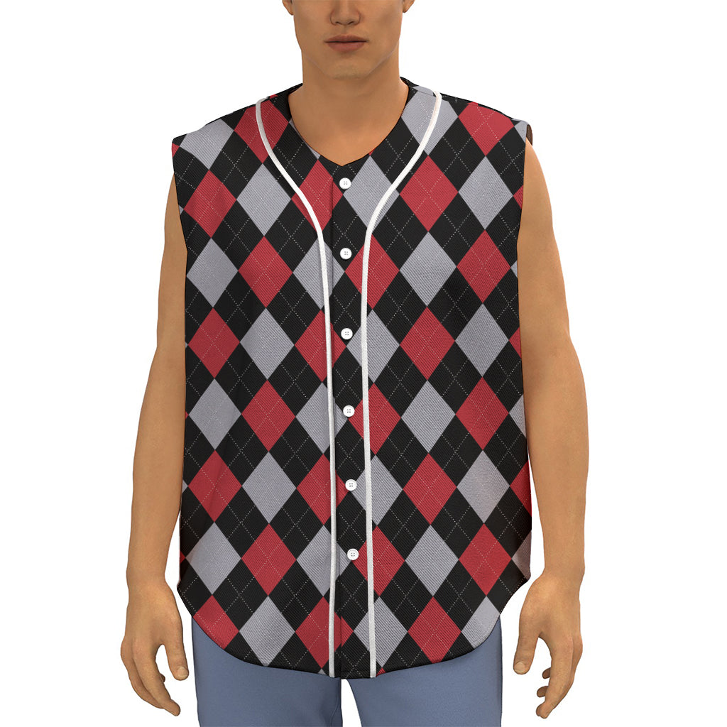 Black Red And Grey Argyle Pattern Print Sleeveless Baseball Jersey