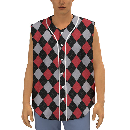 Black Red And Grey Argyle Pattern Print Sleeveless Baseball Jersey