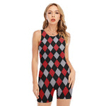 Black Red And Grey Argyle Pattern Print Sleeveless One Piece Swimsuit