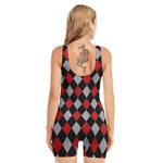 Black Red And Grey Argyle Pattern Print Sleeveless One Piece Swimsuit
