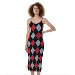 Black Red And Grey Argyle Pattern Print Slim Fit Midi Cami Dress