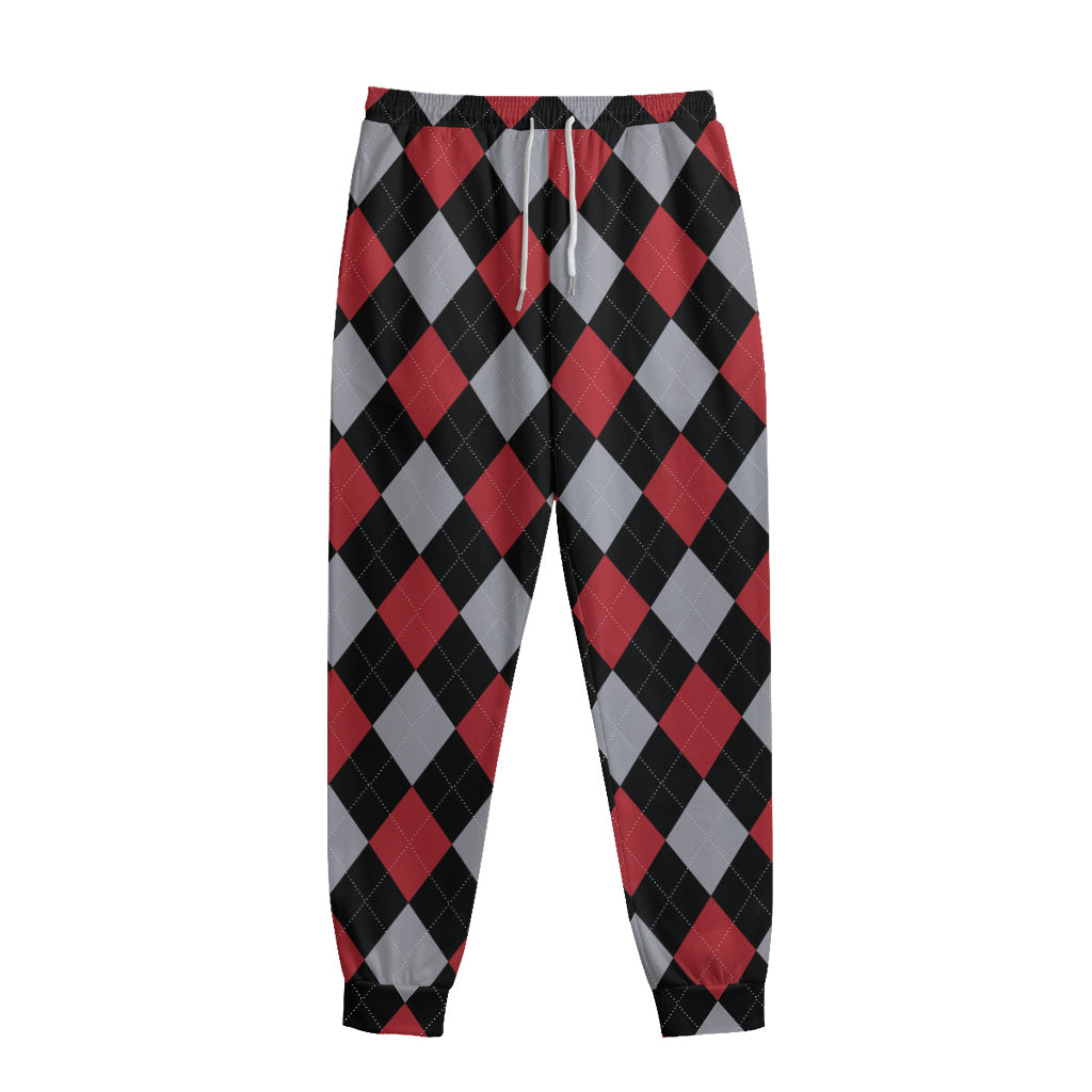 Black Red And Grey Argyle Pattern Print Sweatpants