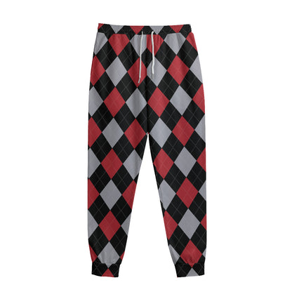 Black Red And Grey Argyle Pattern Print Sweatpants
