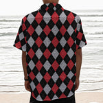 Black Red And Grey Argyle Pattern Print Textured Short Sleeve Shirt