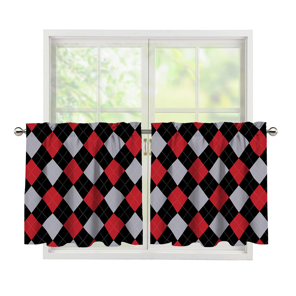 Black Red And Grey Argyle Pattern Print Tier Curtains