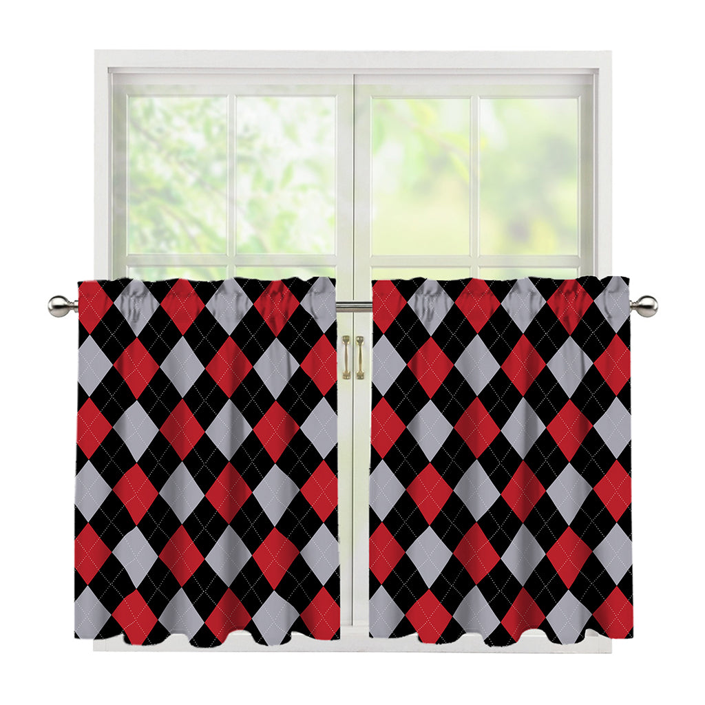 Black Red And Grey Argyle Pattern Print Tier Curtains
