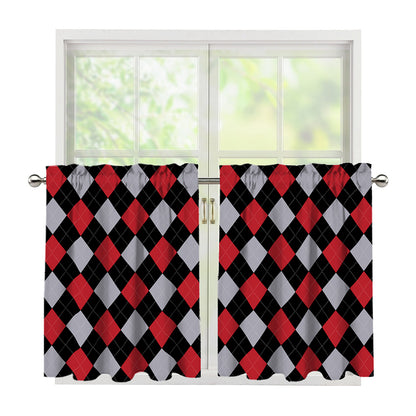 Black Red And Grey Argyle Pattern Print Tier Curtains