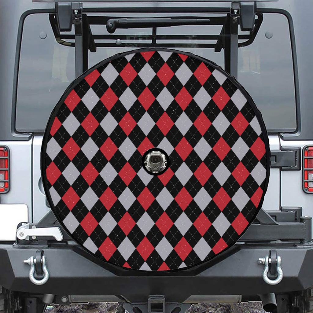 Black Red And Grey Argyle Pattern Print Tire Cover With Camera Hole