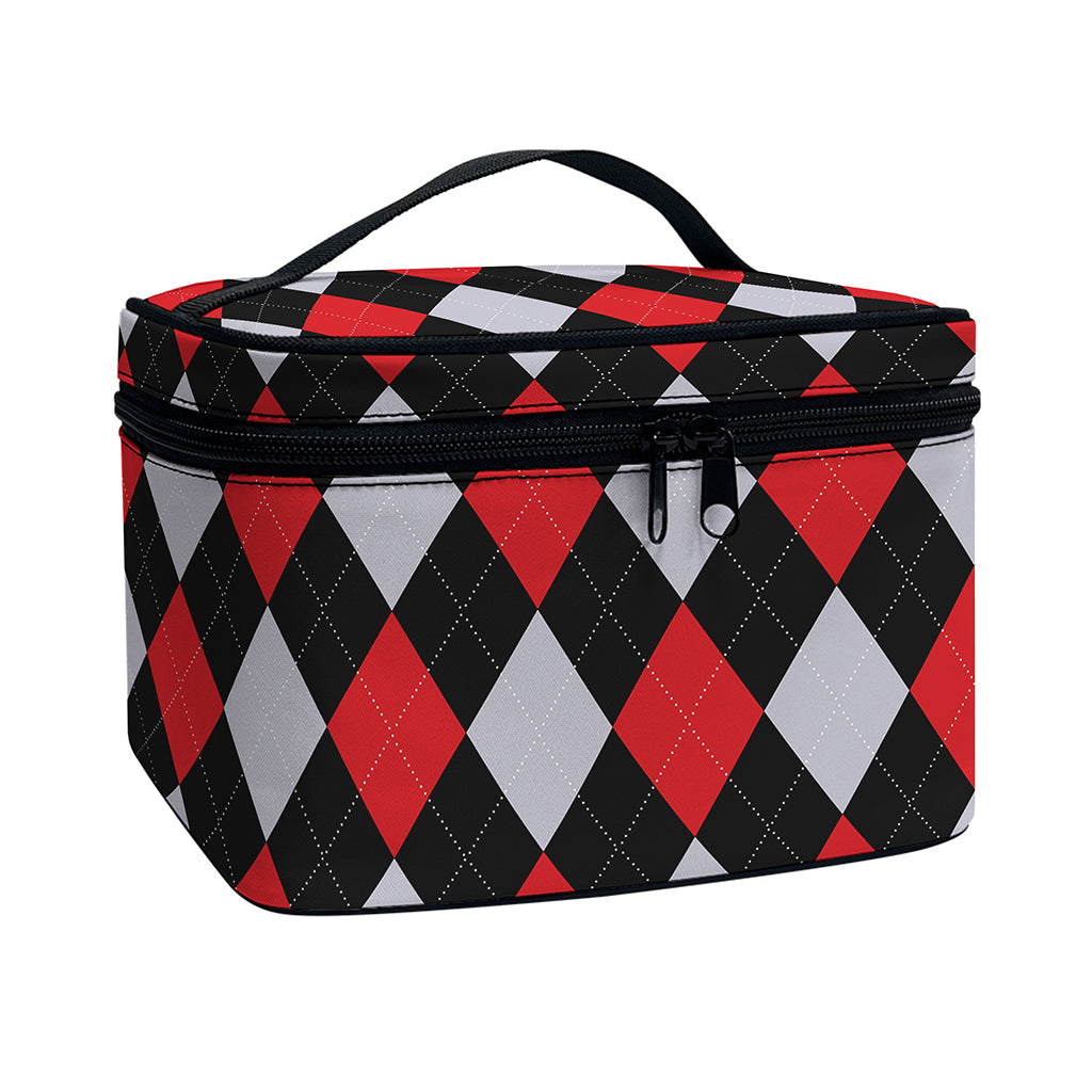 Black Red And Grey Argyle Pattern Print Travel Makeup Bag