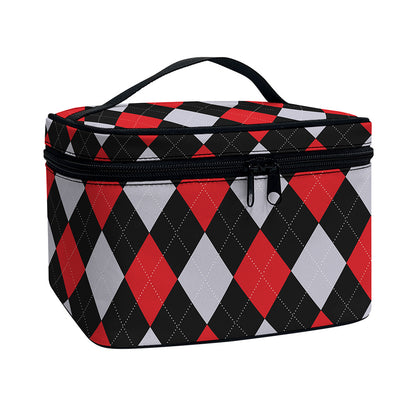 Black Red And Grey Argyle Pattern Print Travel Makeup Bag