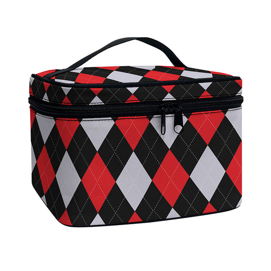 Black Red And Grey Argyle Pattern Print Travel Makeup Bag