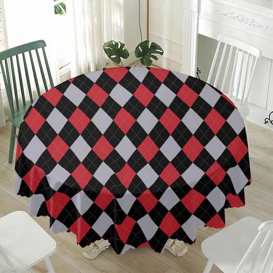 Black Red And Grey Argyle Pattern Print Waterproof Round Tablecloth